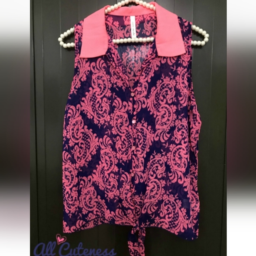 New Mode Paisley Front Tie Button Up Sleeveless Top Size M
